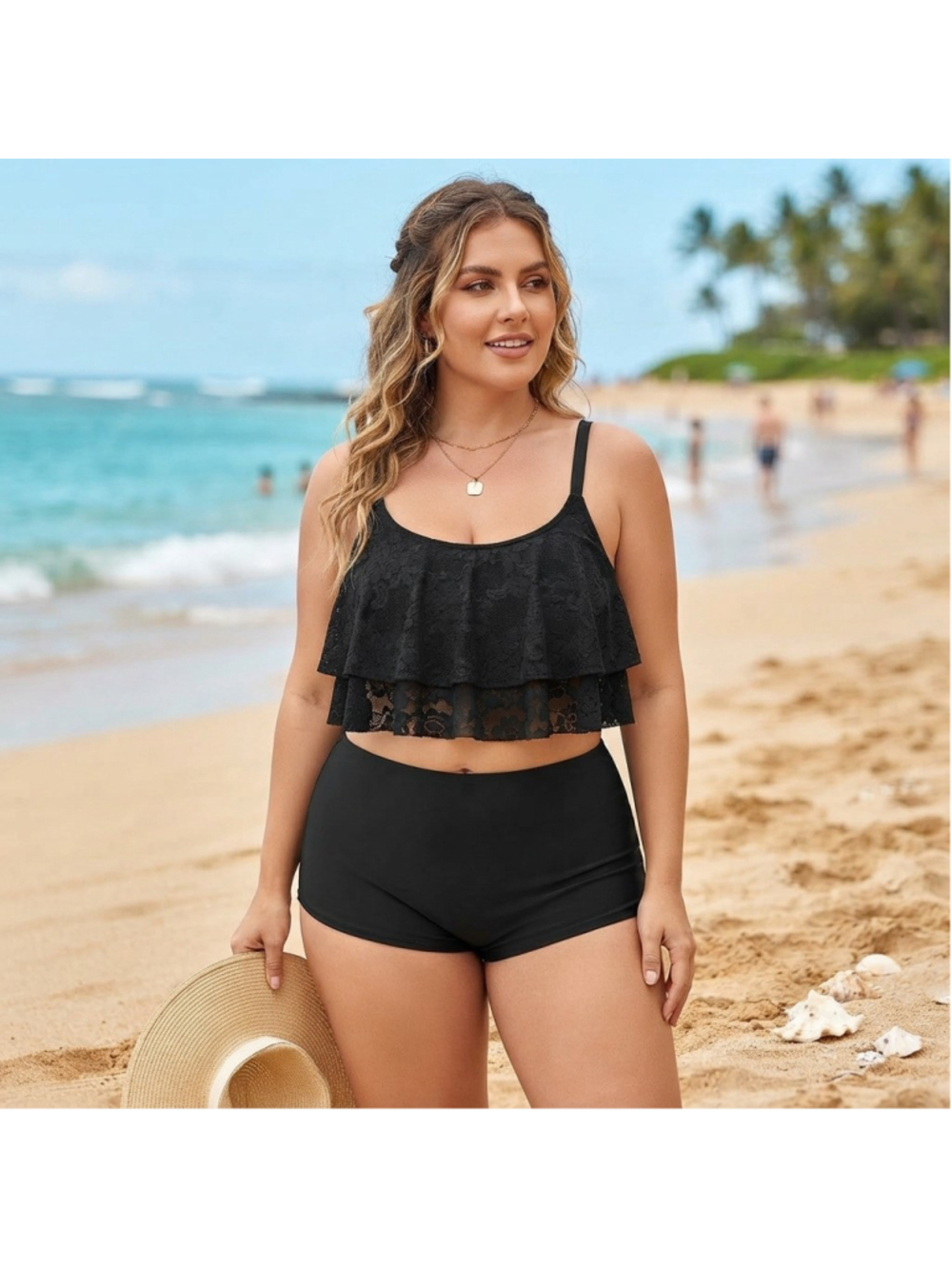 Torrid Bathing Suit (Top Only) Size 2 Double Layer Lace Flounce Black Sexy
